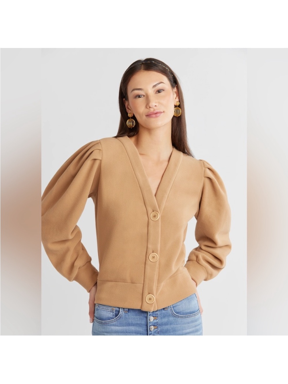 Dudley Stephens Kelly puff sleeve camel V-Neck Button Cardigan Sweater